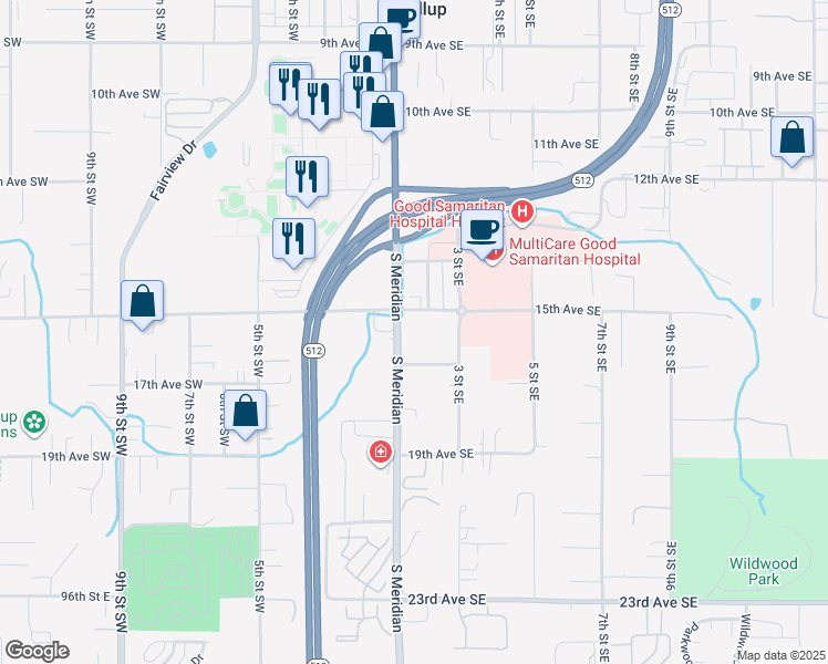 map of restaurants, bars, coffee shops, grocery stores, and more near 1515 South Meridian in Puyallup