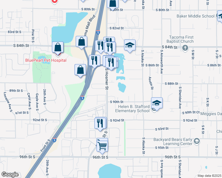 map of restaurants, bars, coffee shops, grocery stores, and more near 8801 South Hosmer Street in Tacoma
