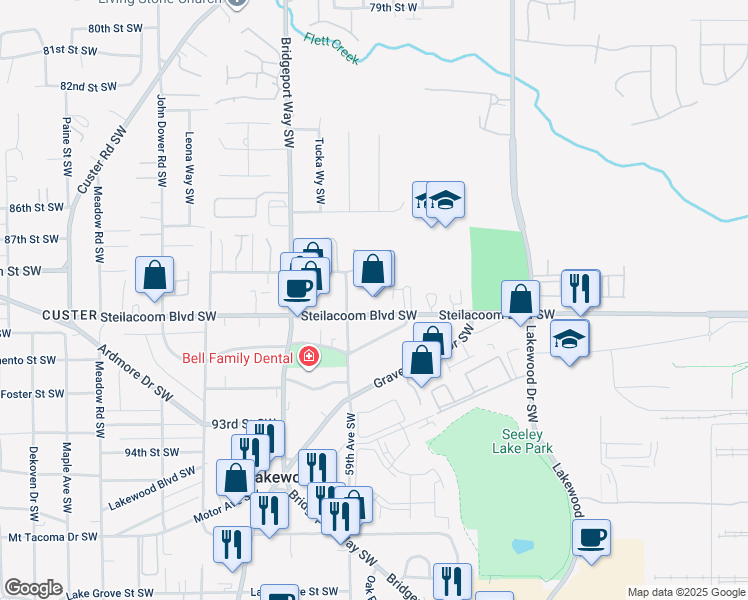 map of restaurants, bars, coffee shops, grocery stores, and more near 5485 Steilacoom Boulevard Southwest in Lakewood