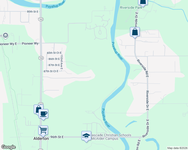 map of restaurants, bars, coffee shops, grocery stores, and more near 15608 88th Street East in Puyallup