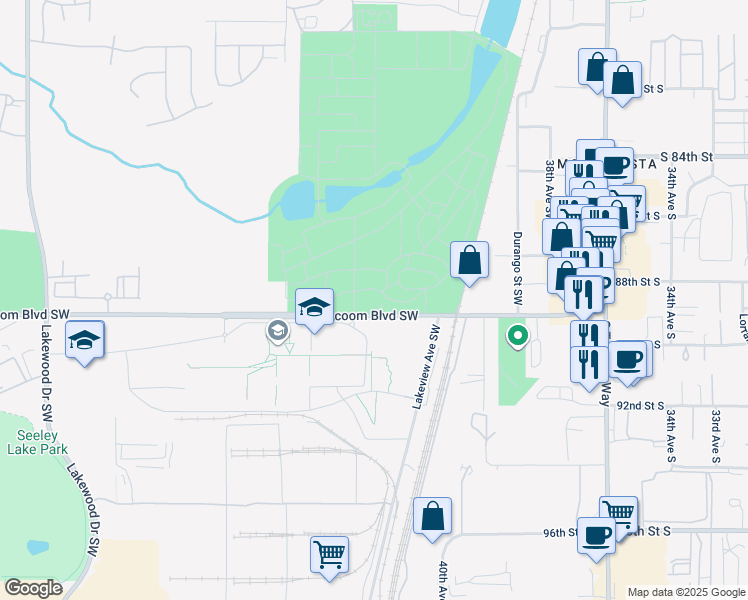 map of restaurants, bars, coffee shops, grocery stores, and more near 4100 Steilacoom Boulevard Southwest in Lakewood