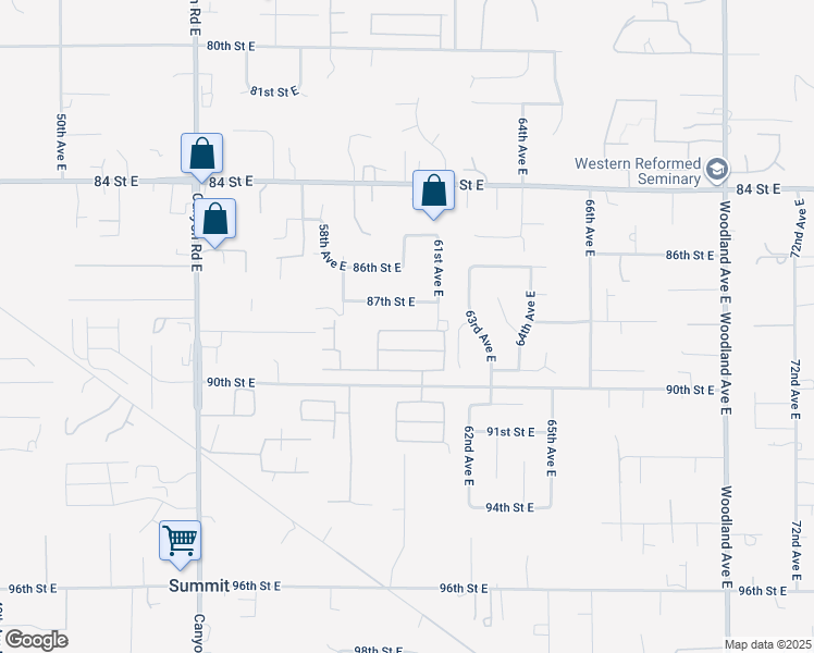 map of restaurants, bars, coffee shops, grocery stores, and more near 6017 89th Street Court East in Puyallup