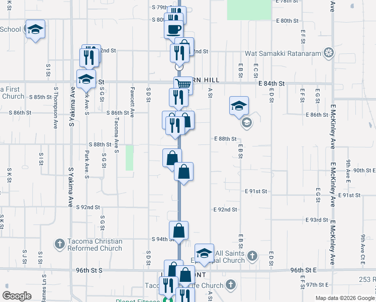 map of restaurants, bars, coffee shops, grocery stores, and more near 8445 Pacific Avenue in Tacoma