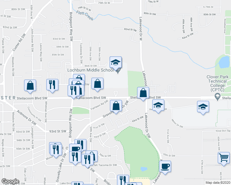 map of restaurants, bars, coffee shops, grocery stores, and more near 5471 Steilacoom Boulevard Southwest in Tacoma