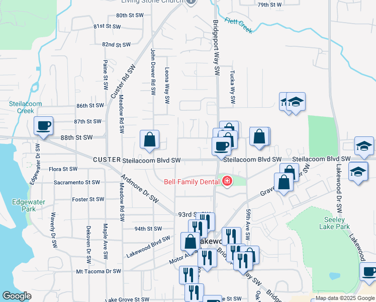 map of restaurants, bars, coffee shops, grocery stores, and more near 6131 Steilacoom Boulevard Southwest in Lakewood