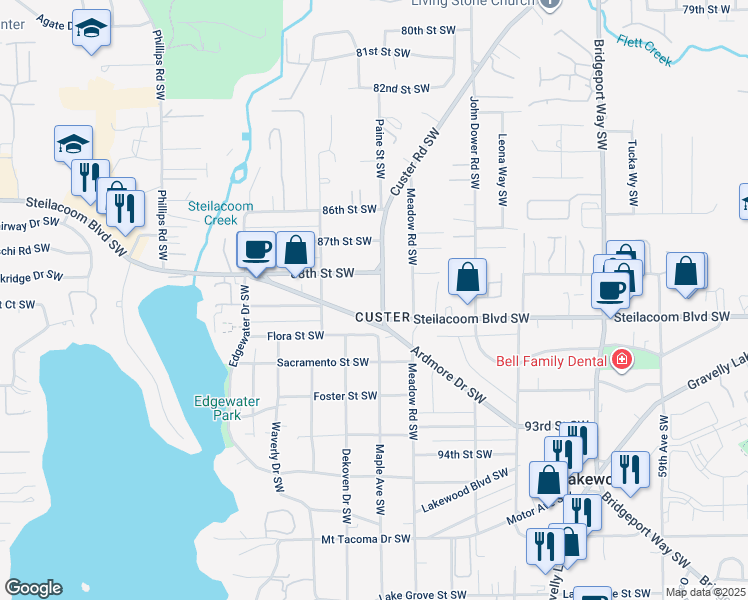 map of restaurants, bars, coffee shops, grocery stores, and more near in Lakewood