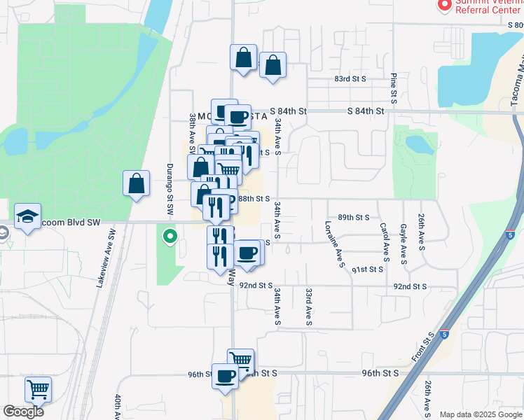 map of restaurants, bars, coffee shops, grocery stores, and more near 3411 90th St S in Tacoma