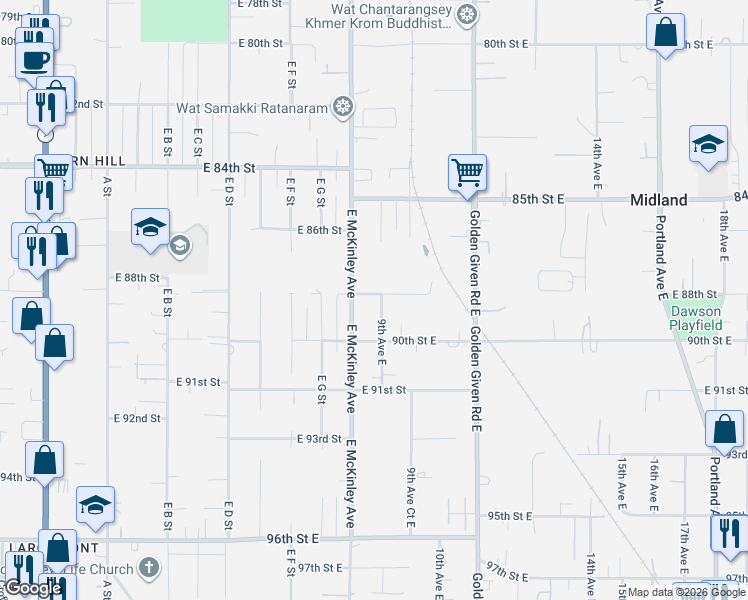 map of restaurants, bars, coffee shops, grocery stores, and more near 8814 9th Avenue East in Tacoma