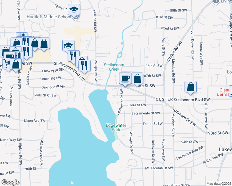 map of restaurants, bars, coffee shops, grocery stores, and more near 8850 Edgewater Drive Southwest in Lakewood