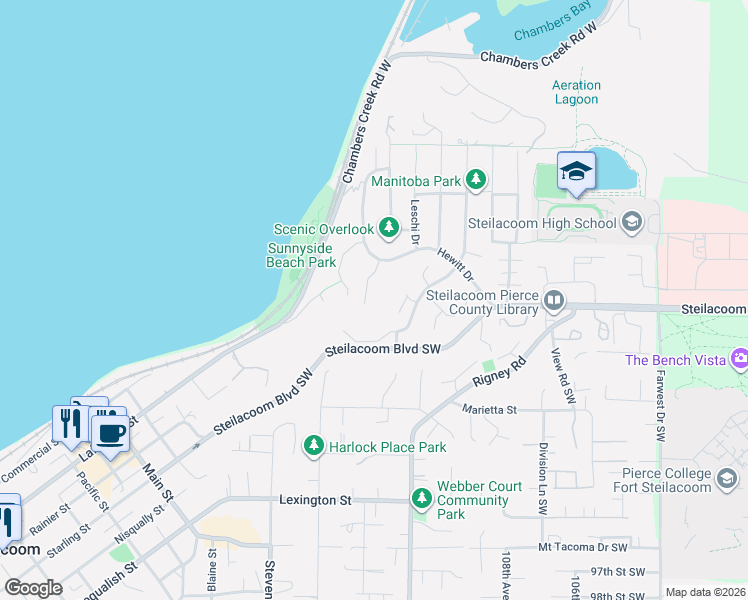 map of restaurants, bars, coffee shops, grocery stores, and more near 2608 Madrona Point Lane in Steilacoom