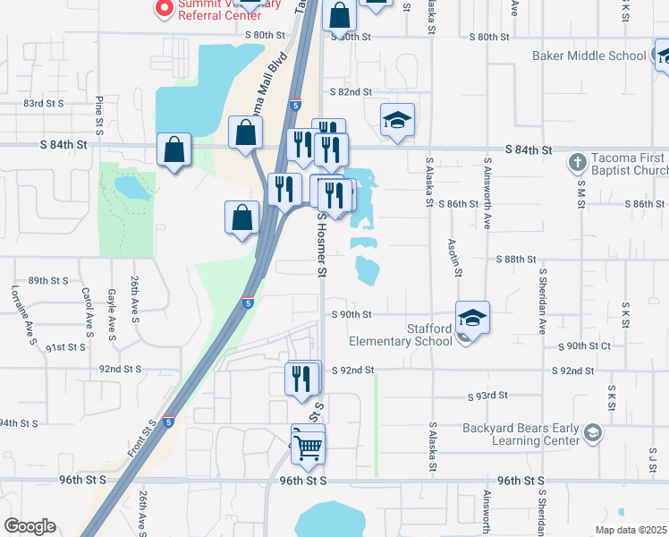 map of restaurants, bars, coffee shops, grocery stores, and more near 8931-8955 South Hosmer Street in Tacoma