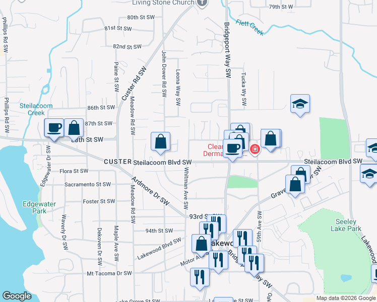 map of restaurants, bars, coffee shops, grocery stores, and more near 8826 Lochburn Lane Southwest in Lakewood