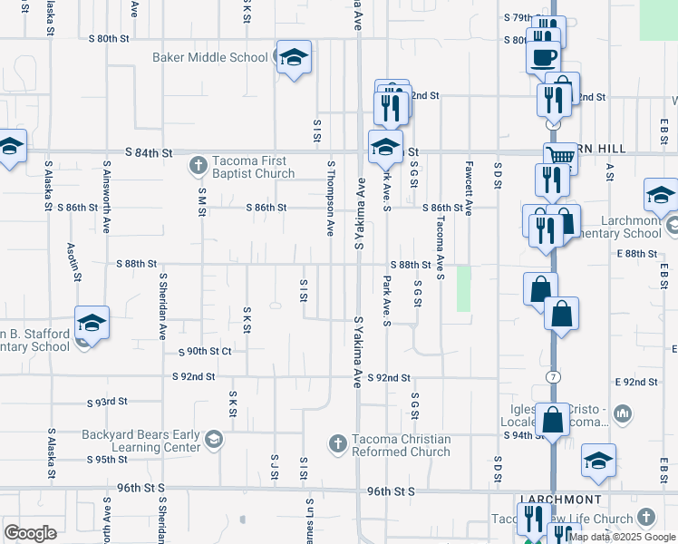 map of restaurants, bars, coffee shops, grocery stores, and more near 8824 South Thompson Avenue in Tacoma
