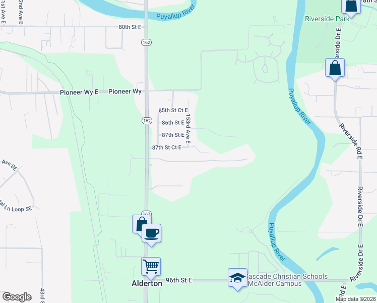 map of restaurants, bars, coffee shops, grocery stores, and more near 15218 87th Street Court East in Puyallup