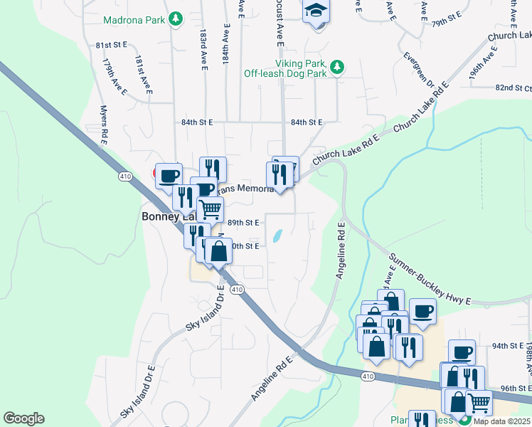 map of restaurants, bars, coffee shops, grocery stores, and more near 186th Avenue East in Bonney Lake