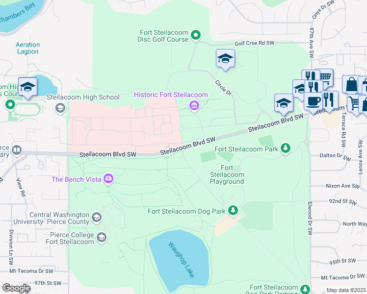 map of restaurants, bars, coffee shops, grocery stores, and more near 9601 Steilacoom Boulevard Southwest in Lakewood