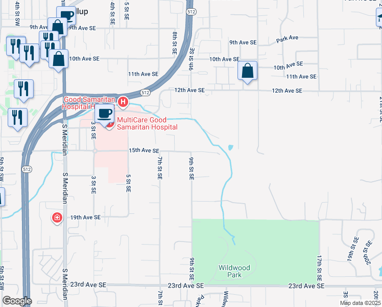 map of restaurants, bars, coffee shops, grocery stores, and more near 9th Street Southeast in Puyallup