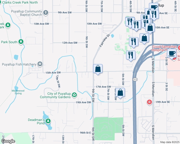 map of restaurants, bars, coffee shops, grocery stores, and more near 919 15th Avenue Southwest in Puyallup