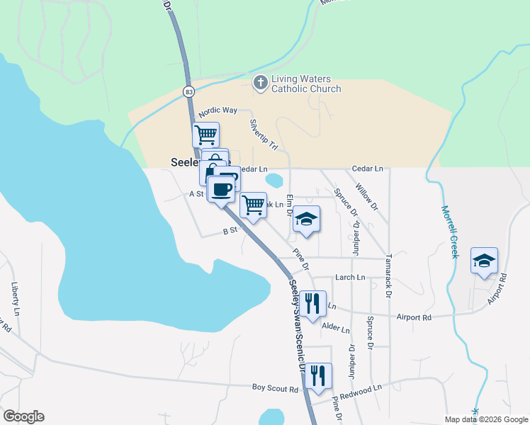 map of restaurants, bars, coffee shops, grocery stores, and more near 981 Oak Lane in Seeley Lake