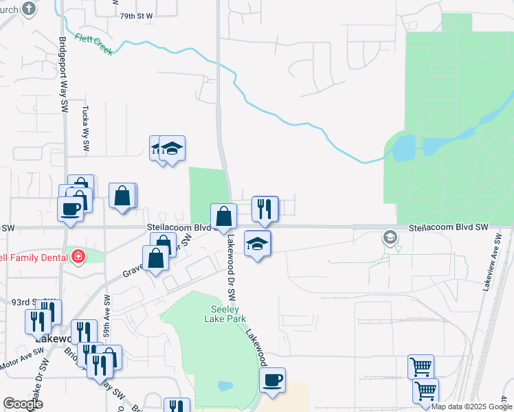 map of restaurants, bars, coffee shops, grocery stores, and more near 5101 88th Street Court Southwest in Lakewood