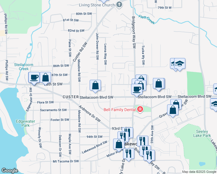 map of restaurants, bars, coffee shops, grocery stores, and more near 6415 Steilacoom Boulevard Southwest in Tacoma