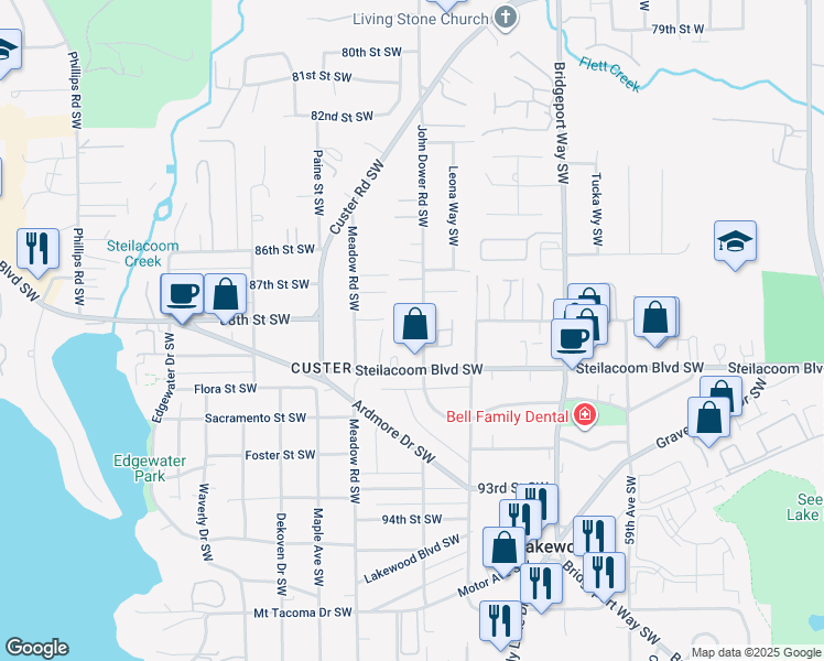 map of restaurants, bars, coffee shops, grocery stores, and more near 8704 John Dower Road Southwest in Lakewood