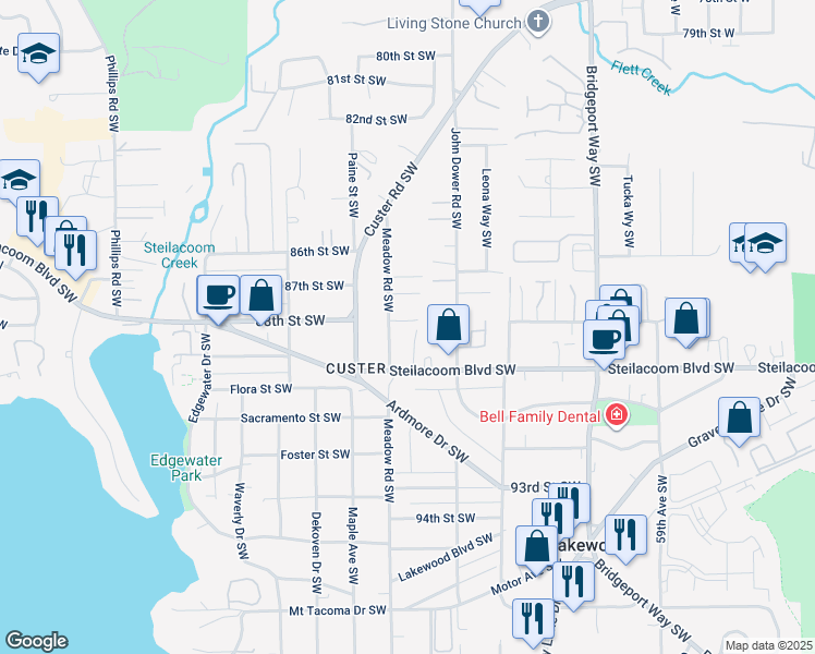 map of restaurants, bars, coffee shops, grocery stores, and more near 6623 88th Street Southwest in Tacoma