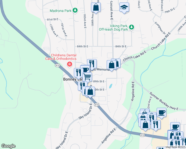 map of restaurants, bars, coffee shops, grocery stores, and more near 8720 Main Street East in Bonney Lake
