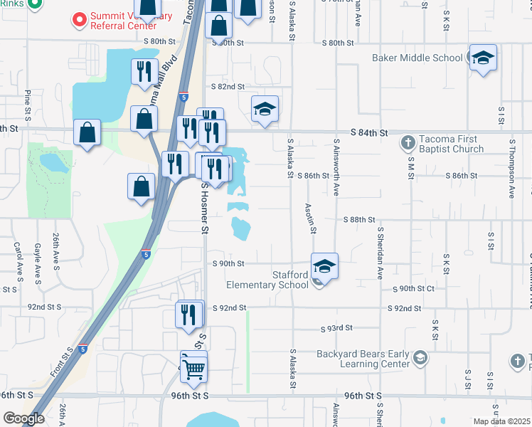 map of restaurants, bars, coffee shops, grocery stores, and more near 1735 South 88th Street in Tacoma