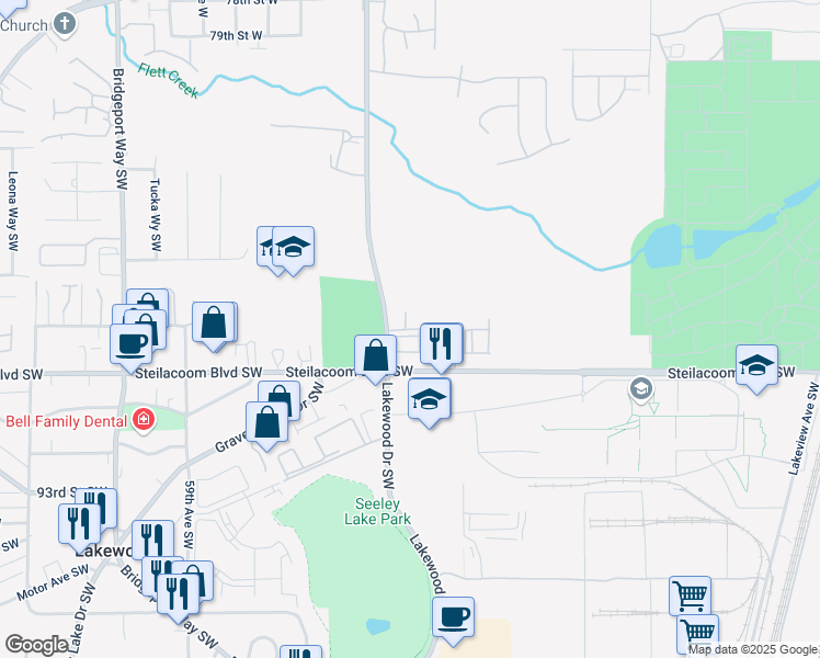 map of restaurants, bars, coffee shops, grocery stores, and more near 8729 52nd Avenue Southwest in Lakewood