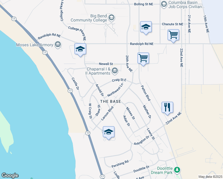 map of restaurants, bars, coffee shops, grocery stores, and more near 1443 Craig Boulevard Northeast in Moses Lake