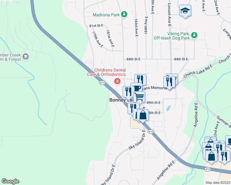 map of restaurants, bars, coffee shops, grocery stores, and more near Washington 410 in Bonney Lake