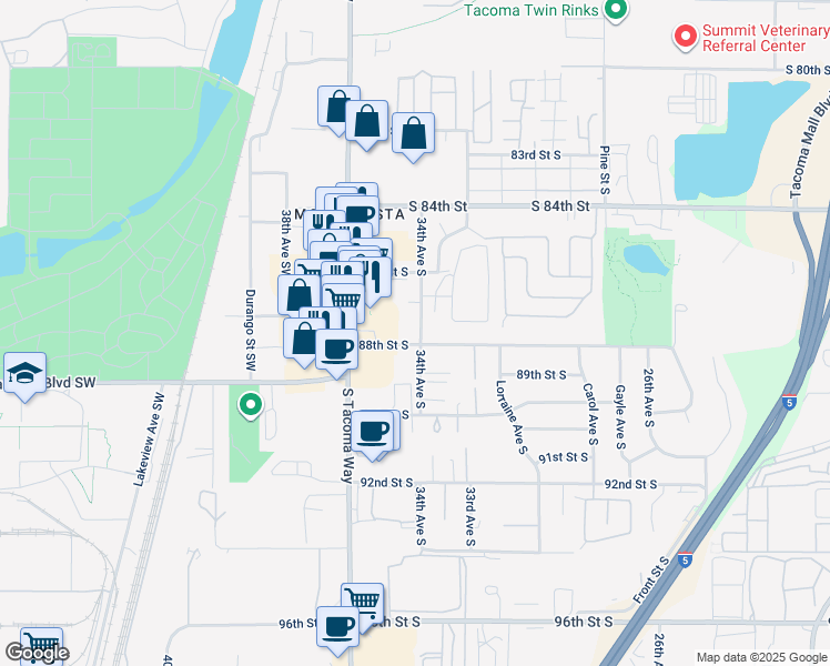 map of restaurants, bars, coffee shops, grocery stores, and more near 3409 88th Street South in Lakewood