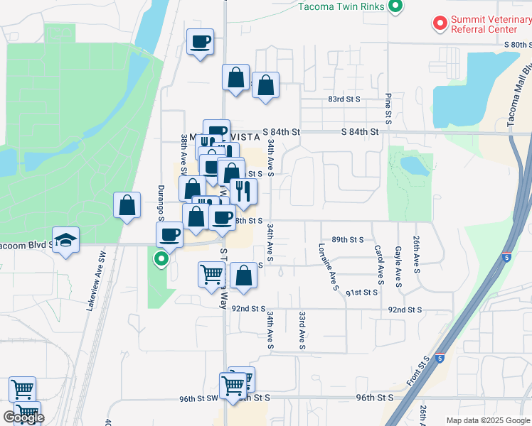 map of restaurants, bars, coffee shops, grocery stores, and more near 3409 88th Street South in Lakewood