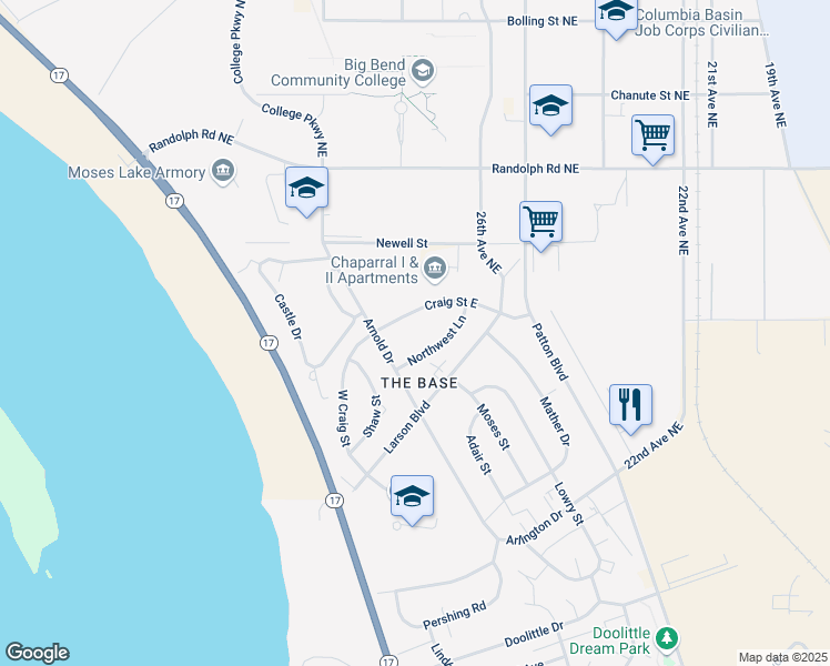 map of restaurants, bars, coffee shops, grocery stores, and more near 1443 Craig Boulevard Northeast in Moses Lake