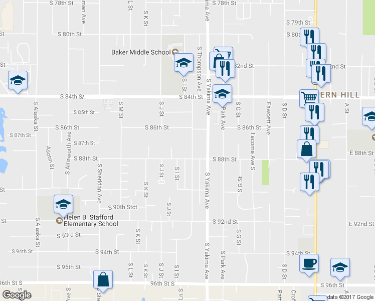 map of restaurants, bars, coffee shops, grocery stores, and more near 8634 South Thompson Avenue in Tacoma