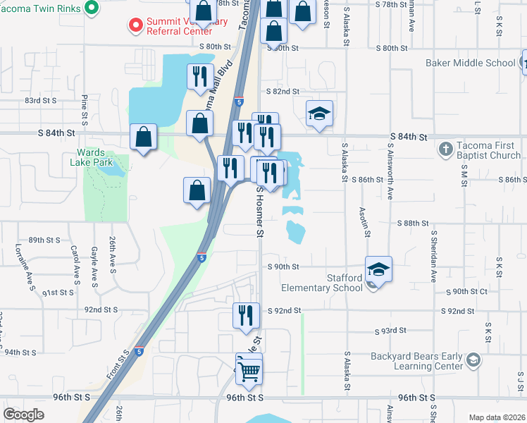 map of restaurants, bars, coffee shops, grocery stores, and more near 8721 South Hosmer Street in Tacoma