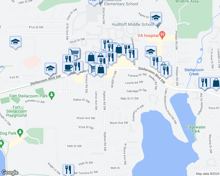 map of restaurants, bars, coffee shops, grocery stores, and more near 8704 Briggs Lane Southwest in Lakewood