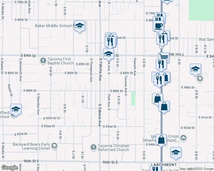 map of restaurants, bars, coffee shops, grocery stores, and more near 8632 South Park Avenue in Tacoma
