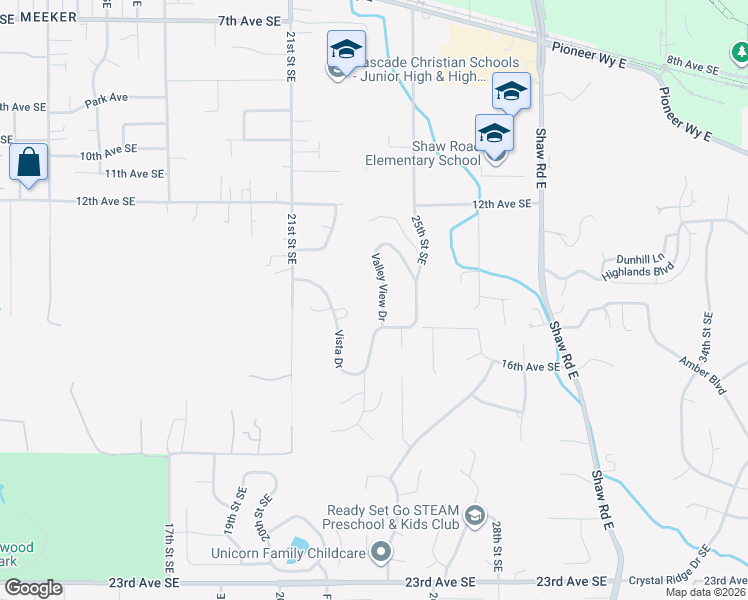map of restaurants, bars, coffee shops, grocery stores, and more near 1404 Valley View Drive in Puyallup