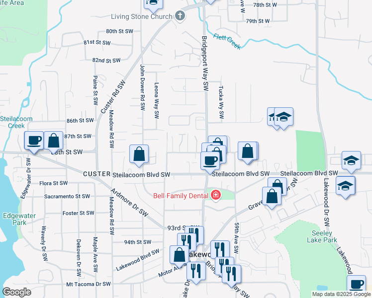 map of restaurants, bars, coffee shops, grocery stores, and more near 6131 88th Street Southwest in Tacoma