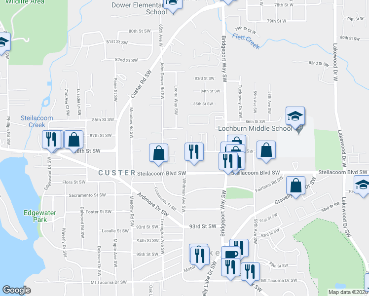 map of restaurants, bars, coffee shops, grocery stores, and more near 8718 Lochburn Lane Southwest in Lakewood