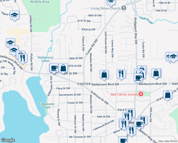 map of restaurants, bars, coffee shops, grocery stores, and more near 6623 88th Street Southwest in Tacoma