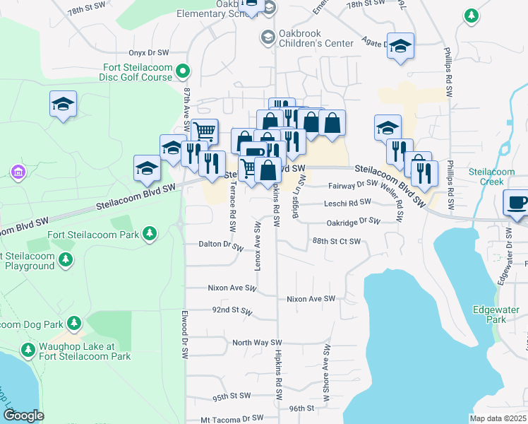 map of restaurants, bars, coffee shops, grocery stores, and more near 8702 Lenox Avenue Southwest in Lakewood