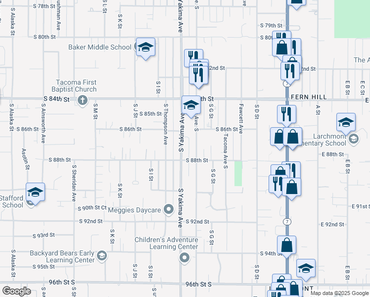 map of restaurants, bars, coffee shops, grocery stores, and more near 8629 South Yakima Avenue in Tacoma
