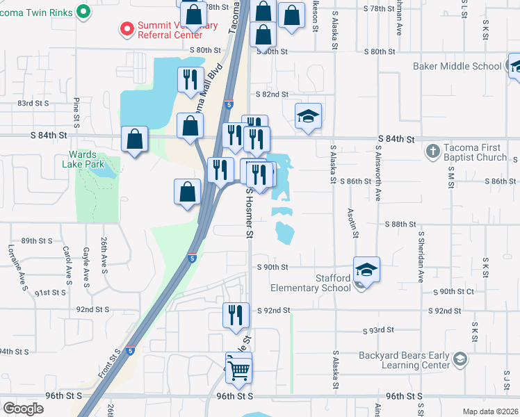 map of restaurants, bars, coffee shops, grocery stores, and more near 8721 South Hosmer Street in Tacoma