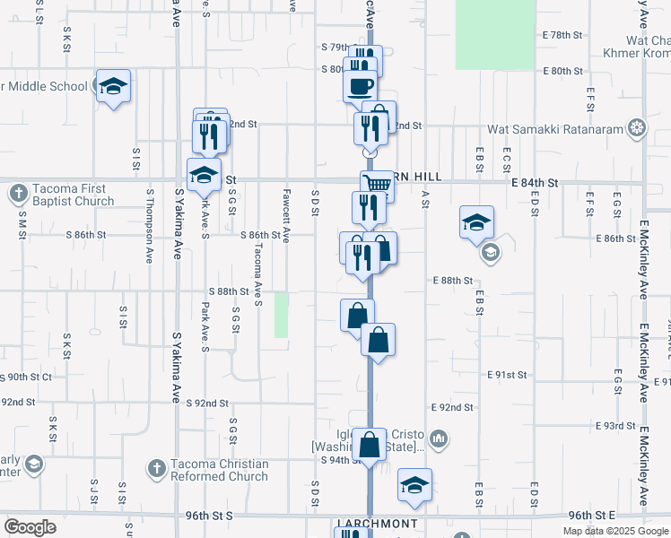 map of restaurants, bars, coffee shops, grocery stores, and more near 8632 South C Street in Tacoma