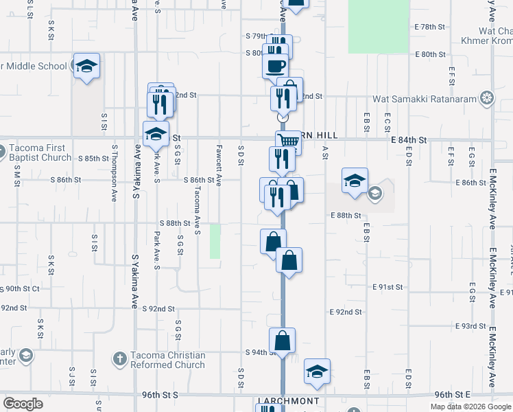 map of restaurants, bars, coffee shops, grocery stores, and more near 8632 South C Street in Tacoma