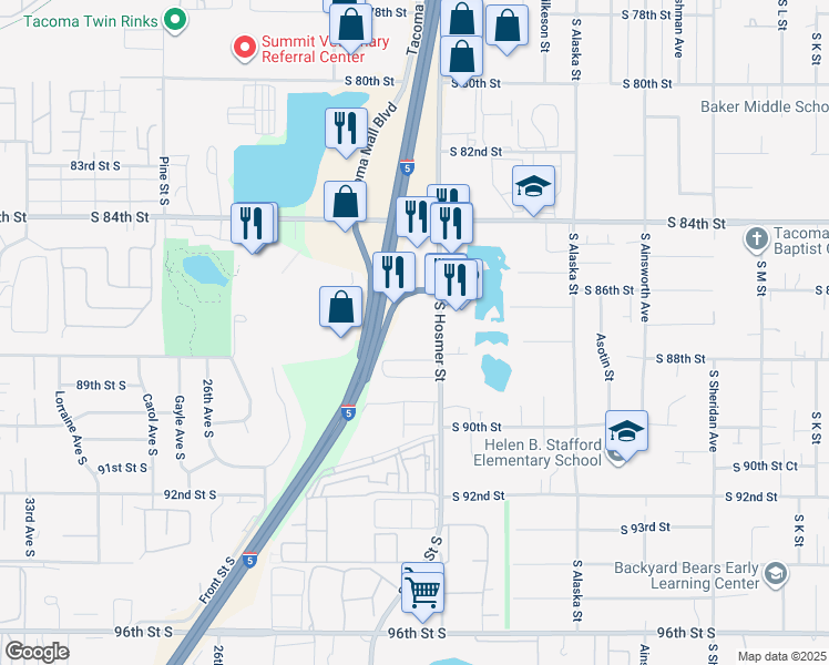 map of restaurants, bars, coffee shops, grocery stores, and more near 8702 S Hosmer St in Tacoma