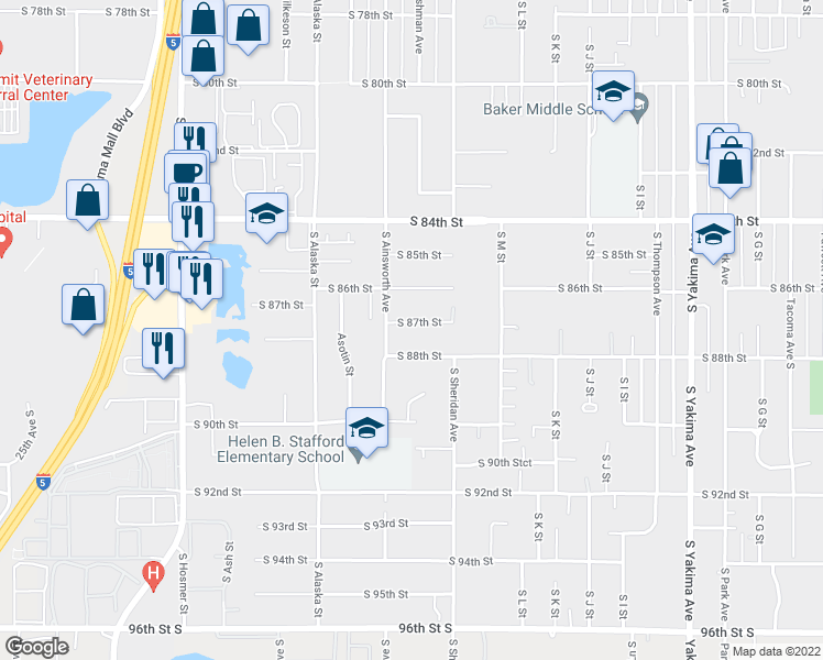 map of restaurants, bars, coffee shops, grocery stores, and more near 1502 South 87th Street in Tacoma